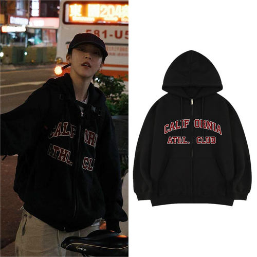 MAMAMOO文星伊玟星ins同款衣服加绒薄款印花拉链连帽卫衣秋冬外套