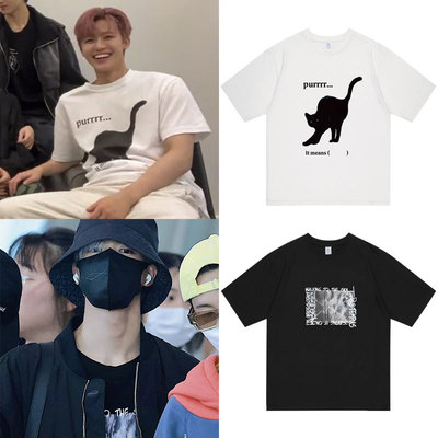 nctdream罗渽民李帝努同款衣服宽松字母猫落肩纯棉印花夏短袖T恤