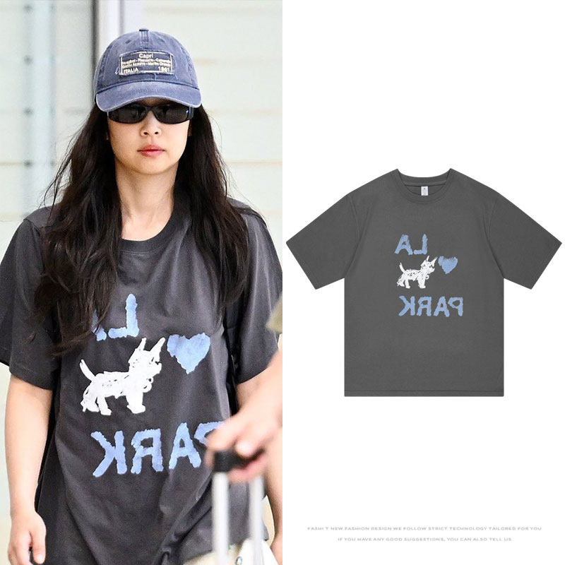 粉墨金珍妮jennie同款衣服印花短袖T恤宽松落肩纯棉打底衫潮夏季