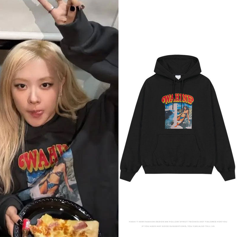 朴彩英ROSE穿搭周边同款卫衣宽松印花套头黑色连帽衫男女装上衣服