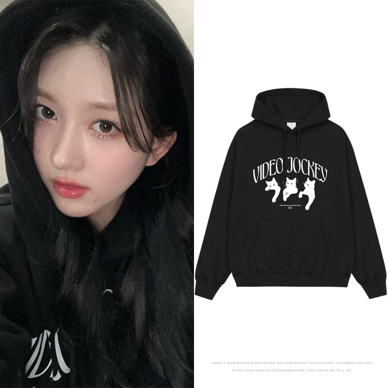 IVE金秋天街拍同款卫衣服印花套头连帽衫春秋冬季加绒薄款男女装