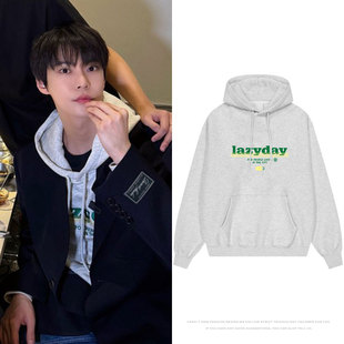 NCT127金道英同款卫衣花灰色宽松印花套头连帽衫卫衣春秋冬上衣服