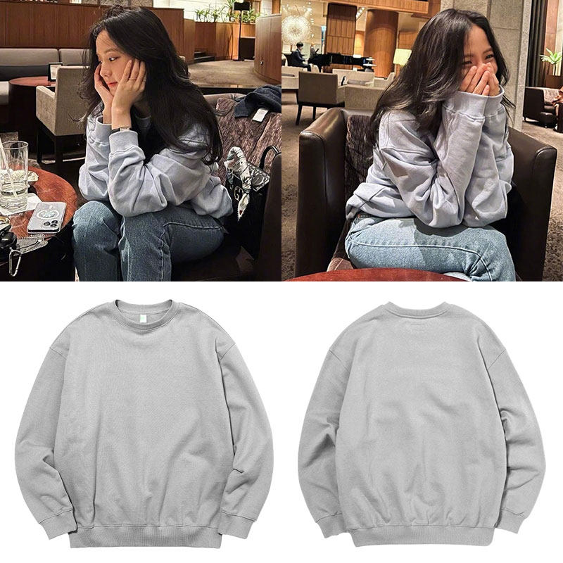 BP粉墨金智秀同款卫衣服纯棉纯灰色宽松圆领套头加绒薄秋冬季男女