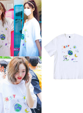 twice俞定延孙彩瑛林娜琏周子瑜同款衣服宽松落肩印花短袖T恤夏季