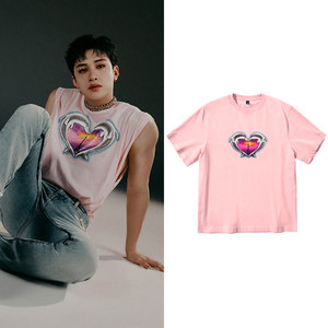 straykids方灿同款短袖T恤宽松落肩中袖纯棉爱心印花体恤夏打歌服