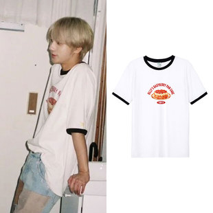 SuperJunior金钟云艺声同款短袖T恤字母印花打底撞边圆领百搭上衣