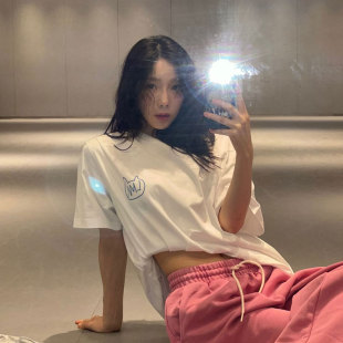 金泰妍舞蹈练习室同款短袖T体恤纯棉印花夏季男女宽松上衣打底衫