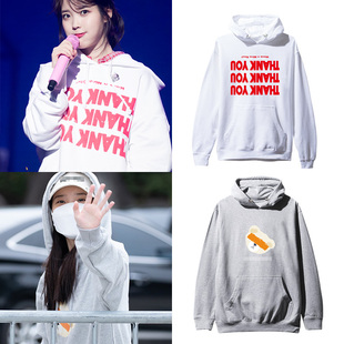 IU李知恩同款卫衣服套头连帽衫宽松印花加绒薄款男女秋冬外套上衣