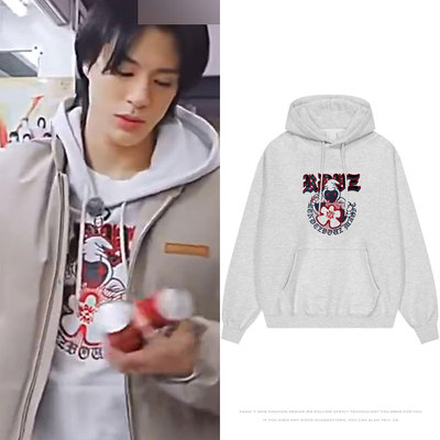 NCTDREAM李帝努JENO同款衣服宽松花灰色印花套头连帽衫潮卫衣男女