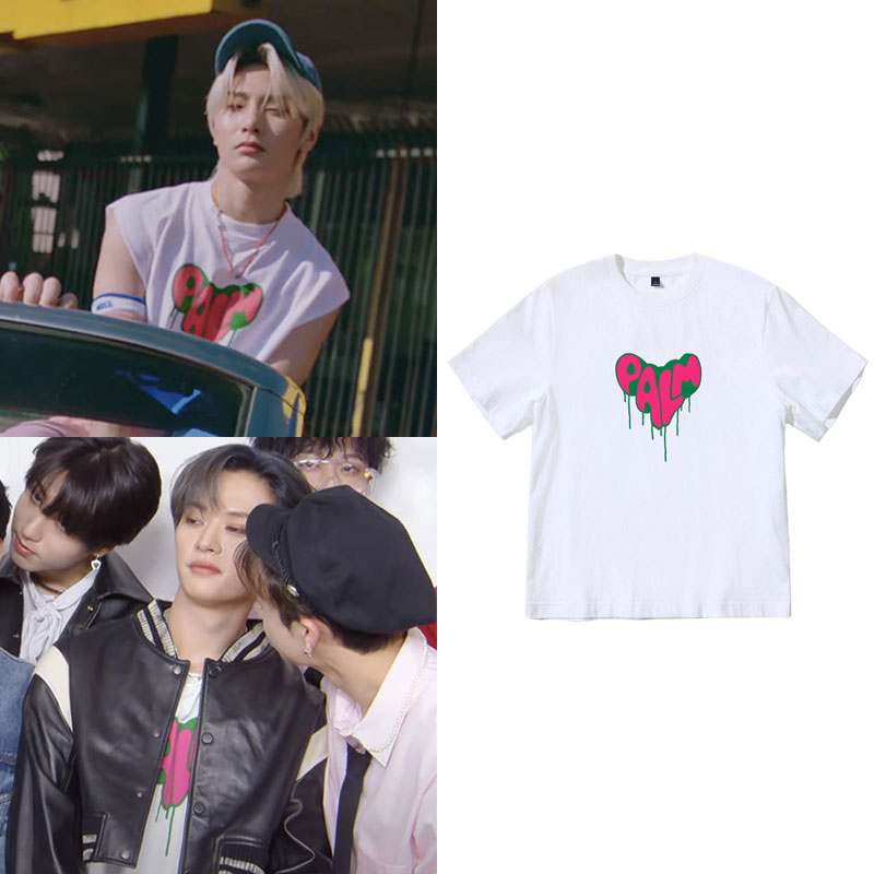 StrayKids李旻浩梁精寅同款短袖T恤宽松落肩中袖印花休闲打歌衣服