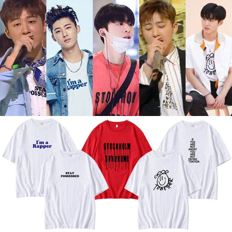 ikon金韩彬b.i衣服同款短袖t恤宽松落肩半袖纯棉印花夏季男女上衣