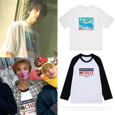 NCTDREAM楷灿同款衣服短袖T恤纯棉印花男女装插肩拼色长袖打底衫