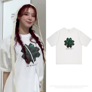 T恤宽松落肩纯棉印花男女上衣服夏季 短袖 GIDLE赵美延舞蹈练习同款