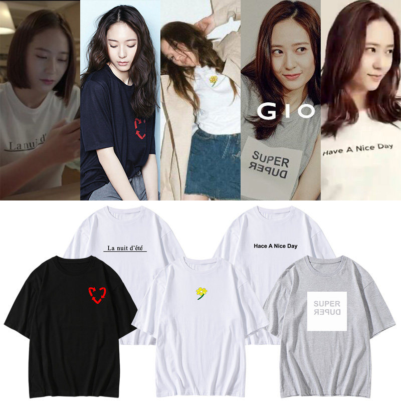 fx郑秀晶衣服同款t恤宽松落肩印花短袖男女上衣打歌服