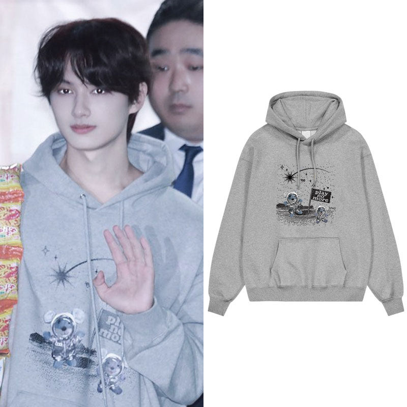 SEVENTEEN文俊辉街拍同款卫衣服印花套头连帽衫加绒薄款春秋冬季
