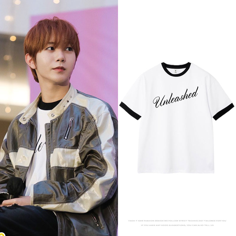 NCT WISH广濑辽同款短袖T恤拼色撞边纯棉宽松字母印花夏男女上衣
