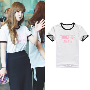 APINK组合朴初珑街拍同款衣服撞边短袖T恤男女印花上衣打底衫