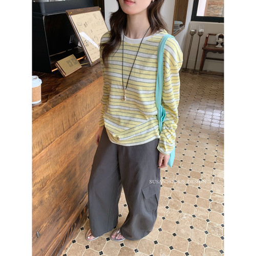 条纹控look韩系宽松慵懒fell百搭长袖T恤(26年早春)