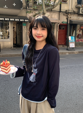 春上新日系可爱小猫印花假两件长袖T恤