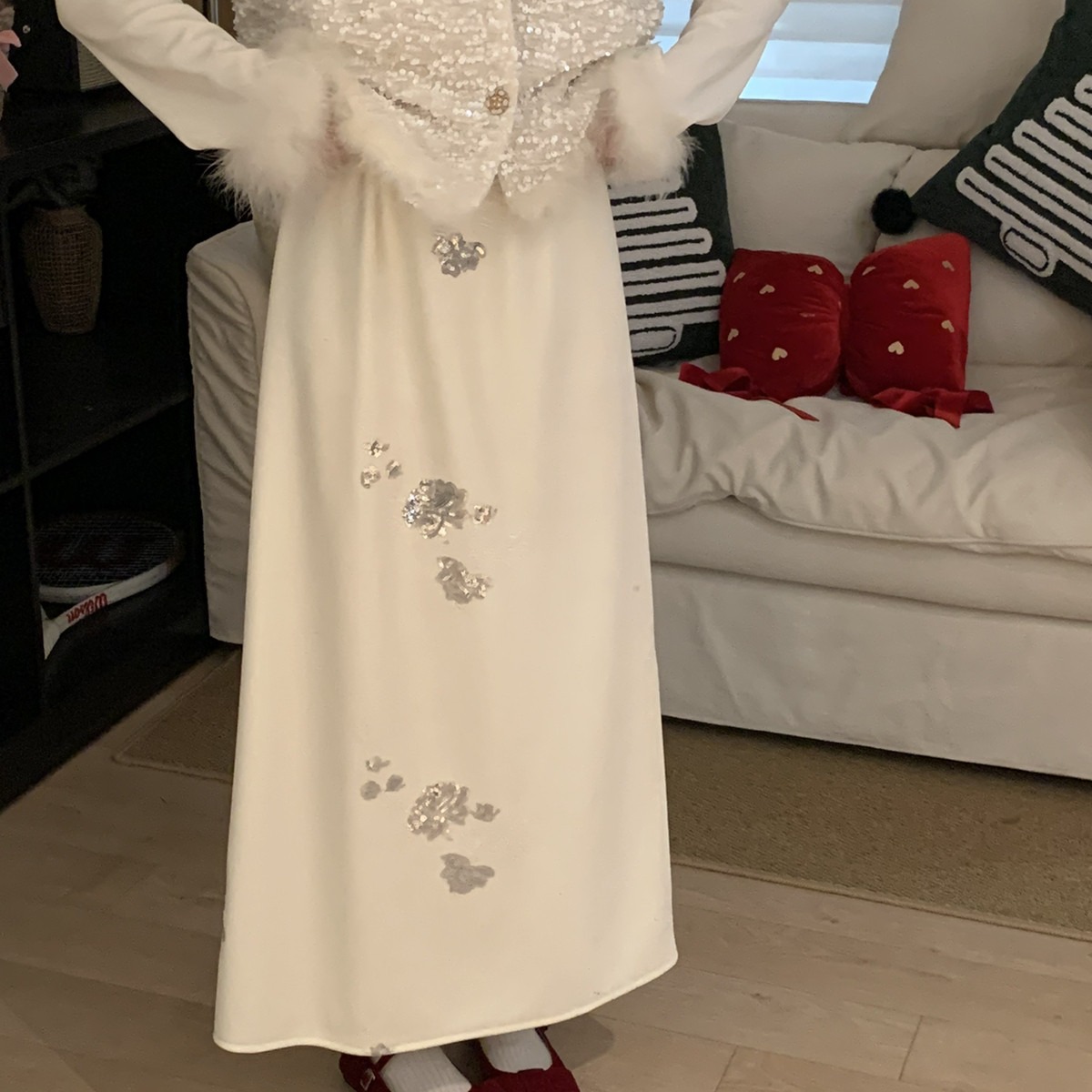 26年早春国风新中式节日氛围感花朵珠片加绒松紧腰半身裙