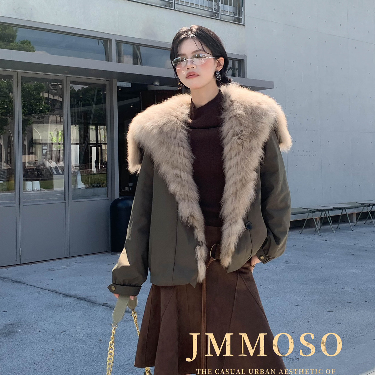 JMMOSO黑标品牌高货推荐奢华狐狸毛海军翻领大气保暖派克羽绒服(