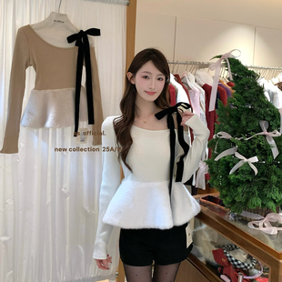 vtg娇俏秘籍大客下订纯爱女友 最爱·蝴蝶结系带毛绒拼接斜肩针