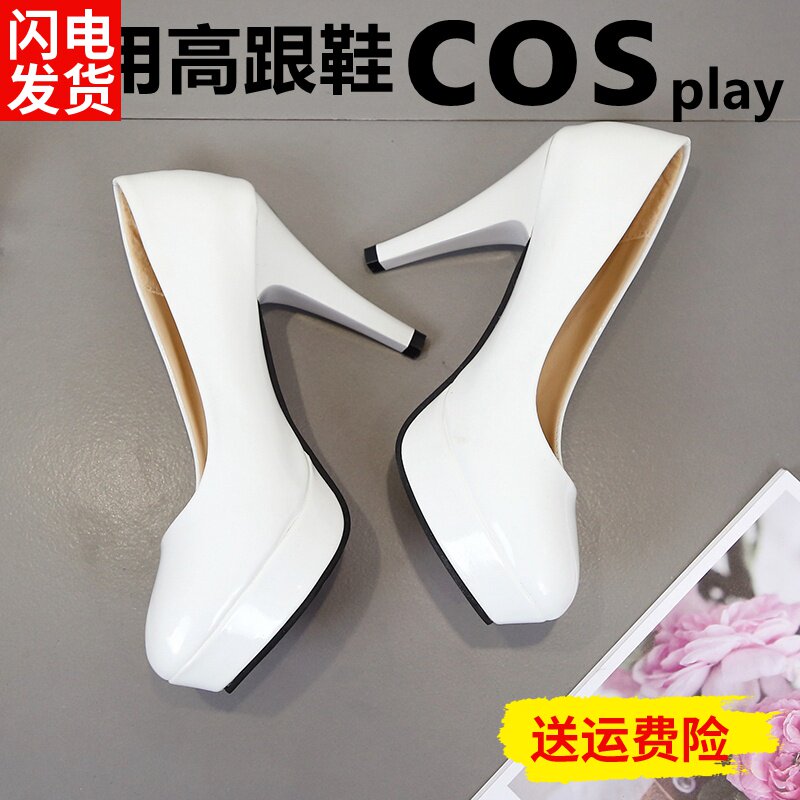 COS鞋动漫万用高跟鞋女10cm细跟7白色中粗跟防水台黑色圆头漆皮鞋