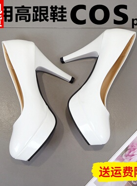 COS鞋动漫万用高跟鞋女10cm细跟7白色中粗跟防水台黑色圆头漆皮鞋