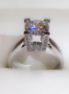 PT950白金黄金莫桑石钻戒D色莫桑钻玫瑰金W字母镶嵌求婚戒指