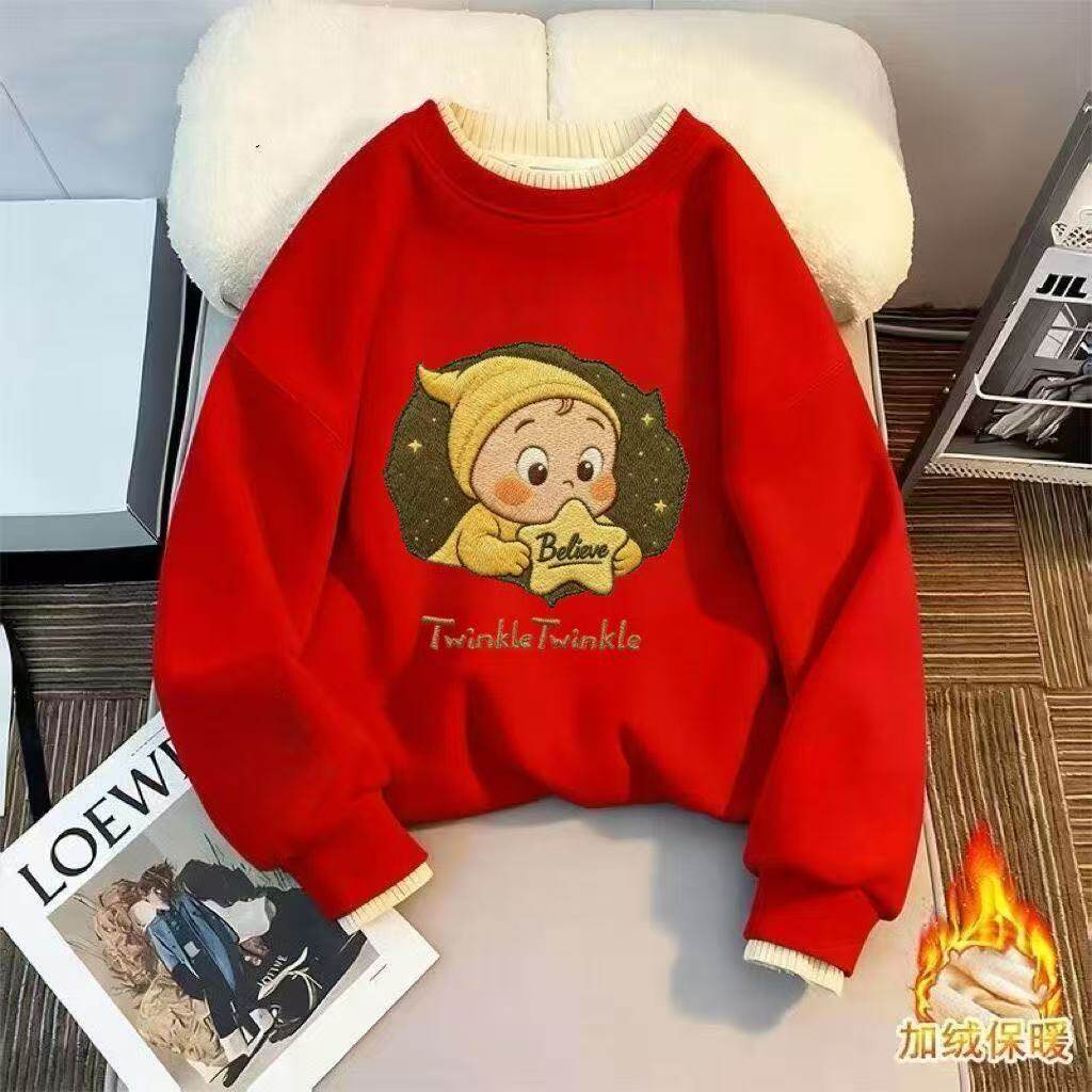 女童新年过年拜年服印花红色星星人加绒加厚本命年中大童圆领卫衣