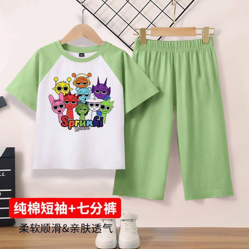 节奏盒子男童睡衣夏季纯棉短袖薄款儿童女孩夏款中大童家居服套装