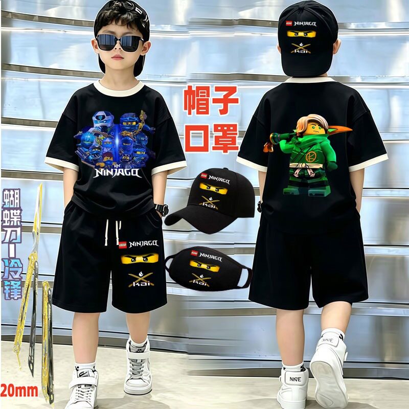 幻影忍者夏季短袖圆领亲子套装纯棉t恤短裤男童衣服大中童儿童潮