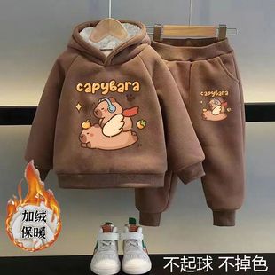 2025卡皮巴拉新款男童卫衣套装中大儿童卫衣连帽秋冬加绒加厚上衣