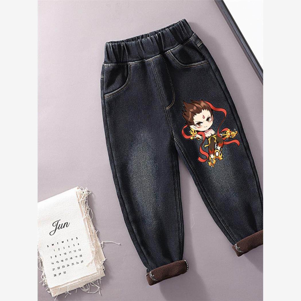 男童哪吒裤子秋冬季2025新款儿童一体绒牛仔裤加绒加厚羊羔绒长裤