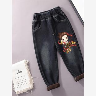男童哪吒裤子秋冬季2025新款儿童一体绒牛仔裤加绒加厚羊羔绒长裤