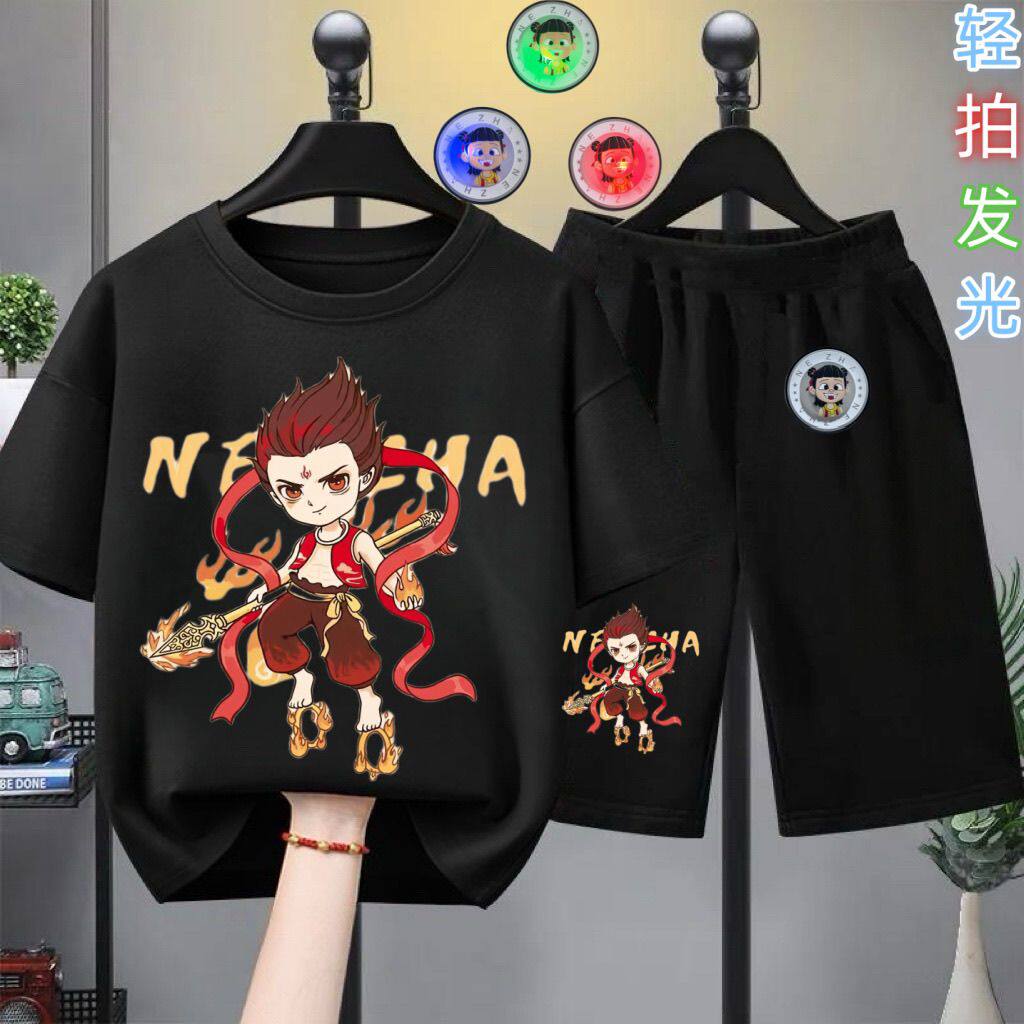 哪吒套装男童裤夏季纯棉短裤短袖薄款中小童夏季童装洋气两件套潮