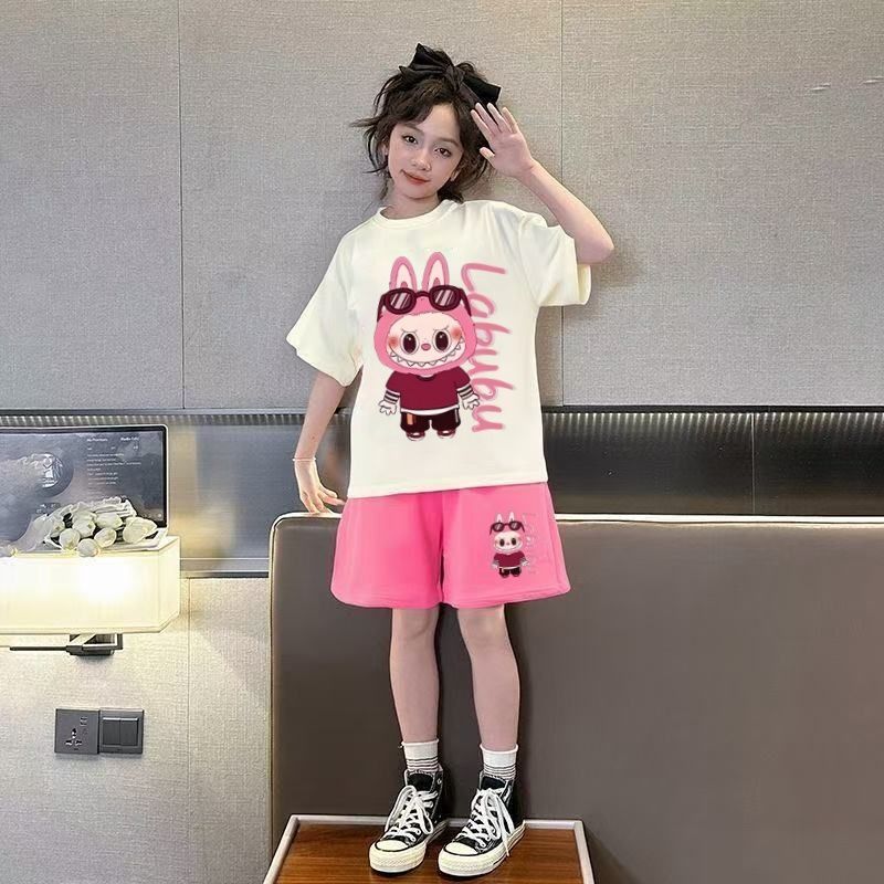 拉布布女童夏季纯棉短袖套装女大童夏装韩版T恤短裤运动两件套潮