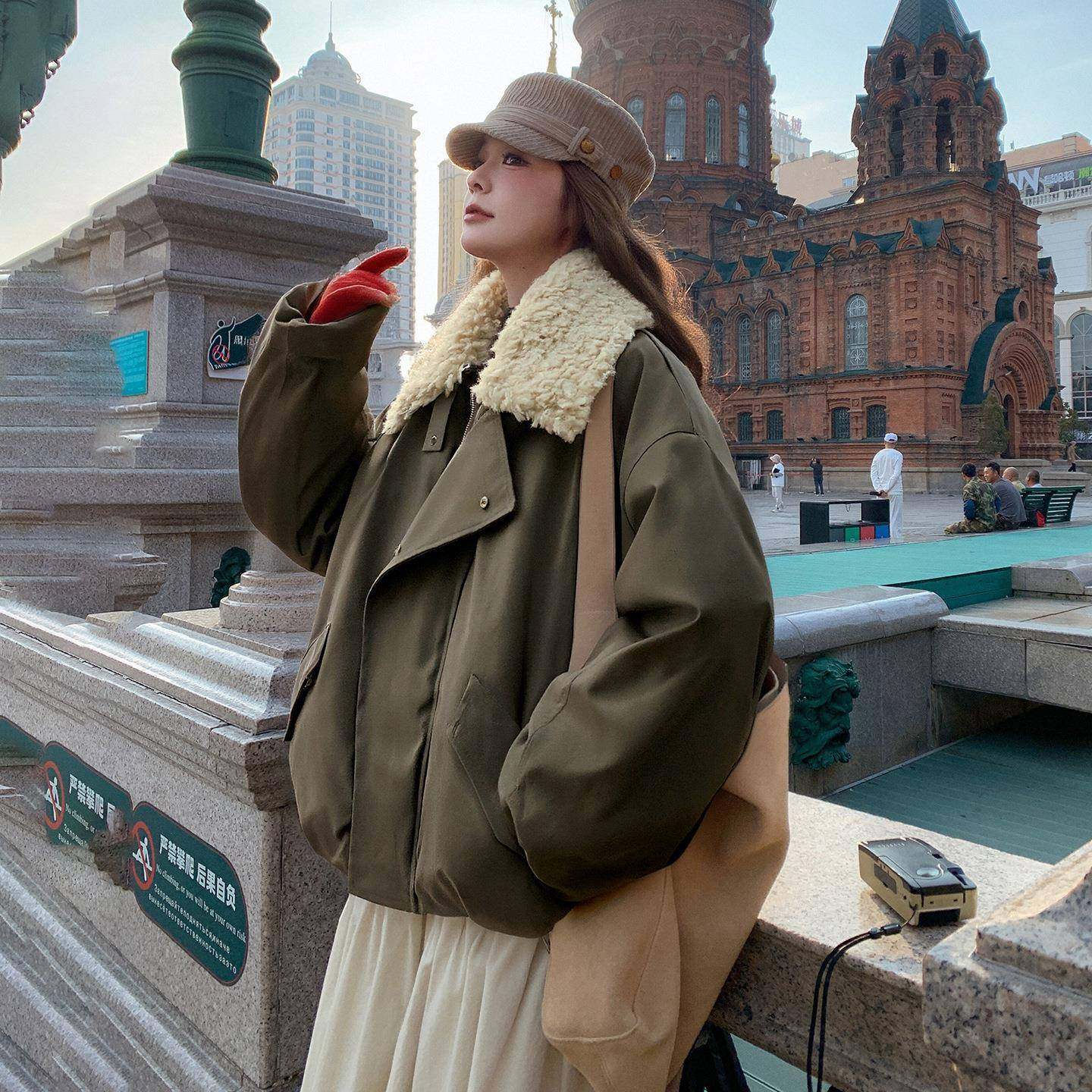 2酒红色复古大毛韩领工装派克服女025冬季系保暖棉加厚兔c103-C25