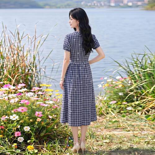 短袖纹连衣裙女新领显格瘦字裙休闲款度通勤假SY2696-0风裙子