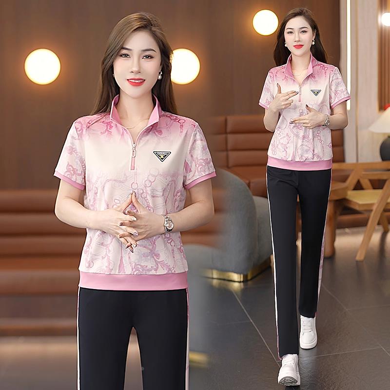动运套装女季新尚印花短时袖长89792676裤卫衣冰夏丝薄款休闲服两
