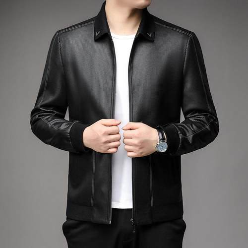 秋季羊ZMM士皮衣翻领松紧袖口绵皮休闲潮皮流海宁夹克男外套