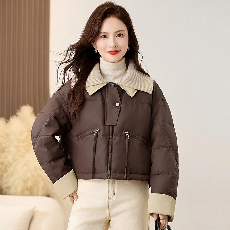 拼YX86201-女式羽绒服冬季新款女装针织翻领外白鸭绒时尚接保暖套