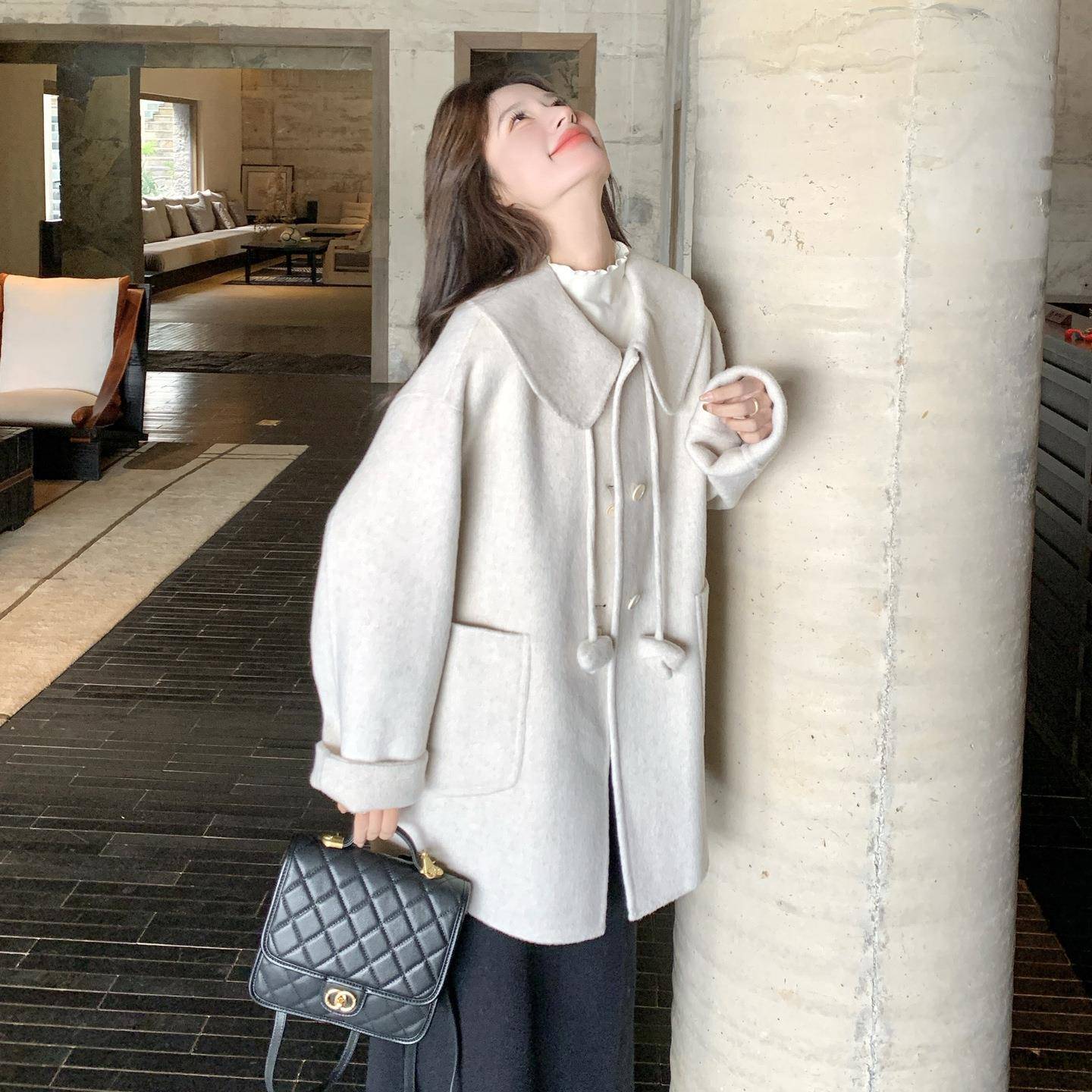 c012-608双面羊款绒衣新女202大5秋冬款高级感娃娃领中长小个子毛