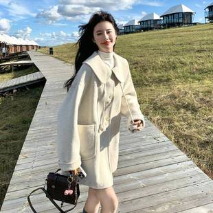 小个子爆款 米白2色娃娃领双面呢羊外毛级套女秋冬022B141 965新款
