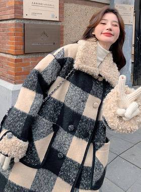 复古子羊羔毛领毛呢外套长女中版款20c103-24825冬季新格款韩过膝