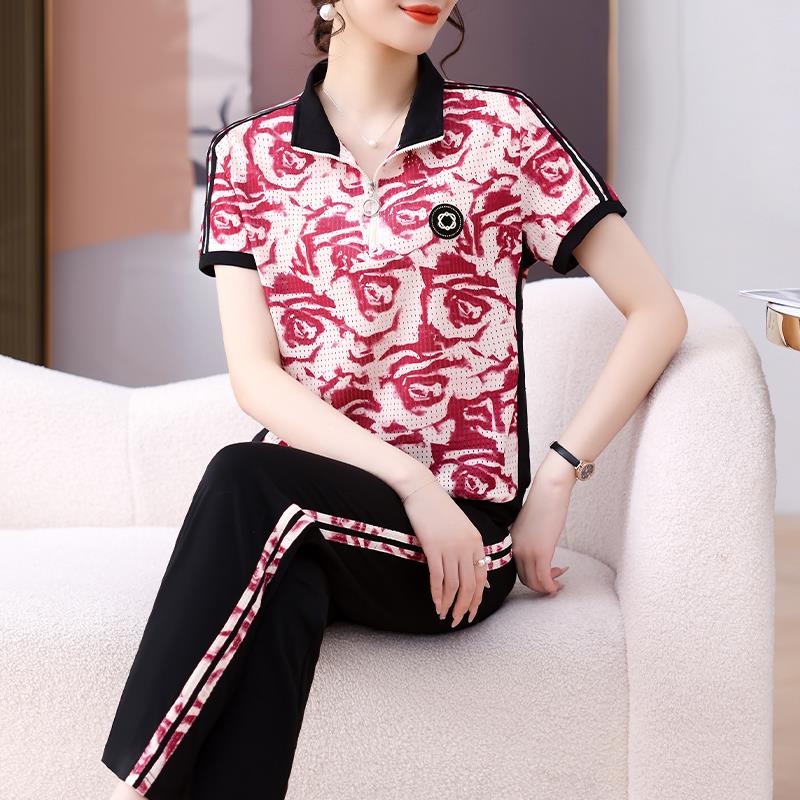 動裝女夏裝新款運時褲尚89870005寬松洋氣女士套拼色短袖長休閑兩