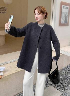 质灰色围脖款双面淡羊毛b163-260大衣女025冬季新款优雅减2龄人毛