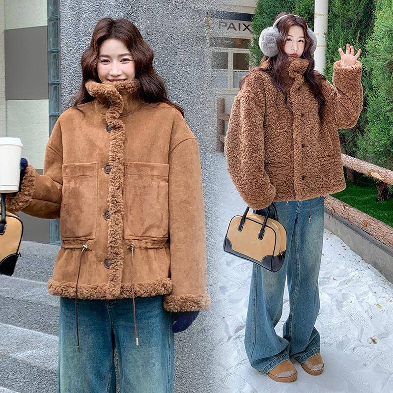 咖色复B089-672古两面穿羊羔毛外套女2一025冬季保毛暖加仿厚皮体
