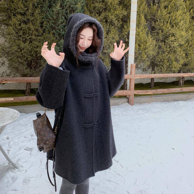 黑灰连帽双面羊绒大衣女冬2025新色款系高级感韩中长款C028-103羊