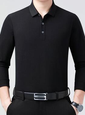 2024001-KK25袖春秋新款长t恤男翻商务休闲丝光棉领纯色大码爸爸